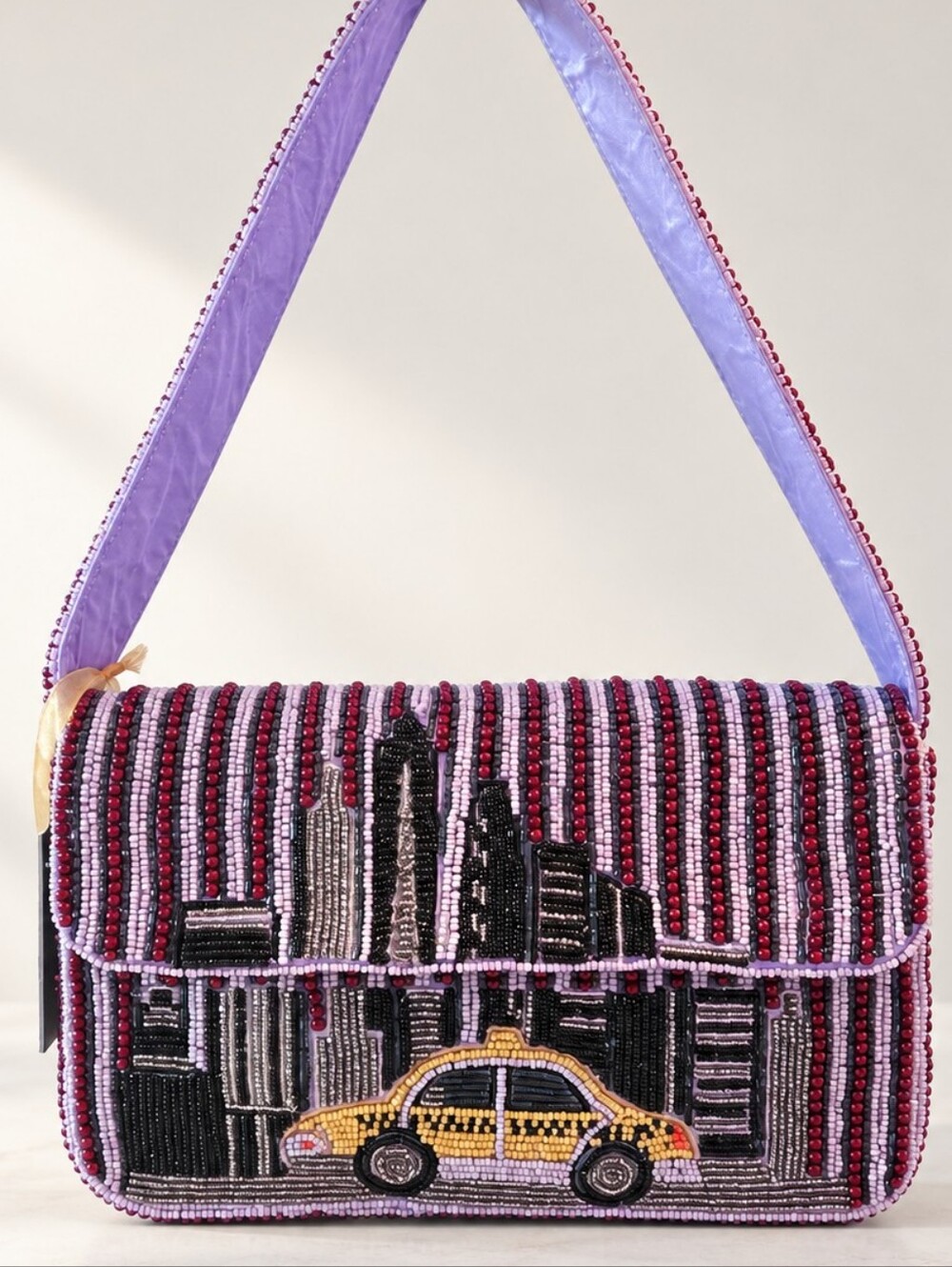 Handcrafted Beaded NYC Taxi Skyline Shoulder Bag Purple Red NWT